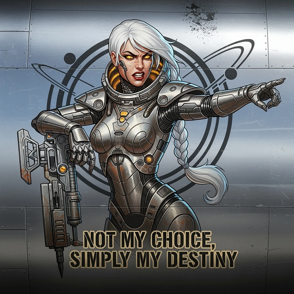 a retro military pinup fuselage decoration for the motto " not my choice, simply my destiny "
the female figure, white hair 1 braid, gold yellow eyes, spacer, fierce, exo-rogue, menacing emoji