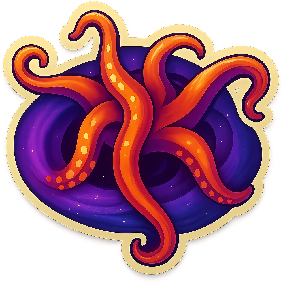 Edit the images to depict tentacles coming out of a black hole in a retro sticker style with vibrant colors and dynamic composition. Ensure there is no background, keeping it transparent. emoji