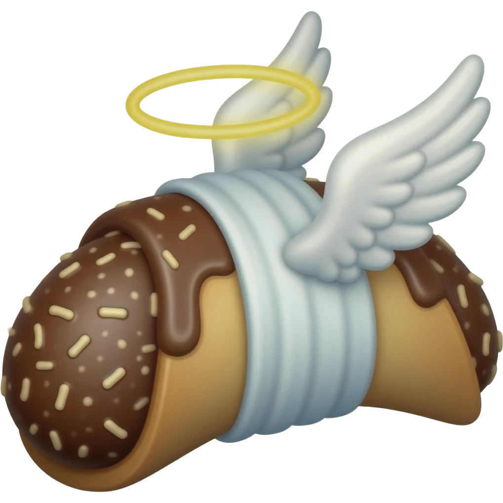 Chocolate Canolli pastry with a toga and angel wings and a halo emoji