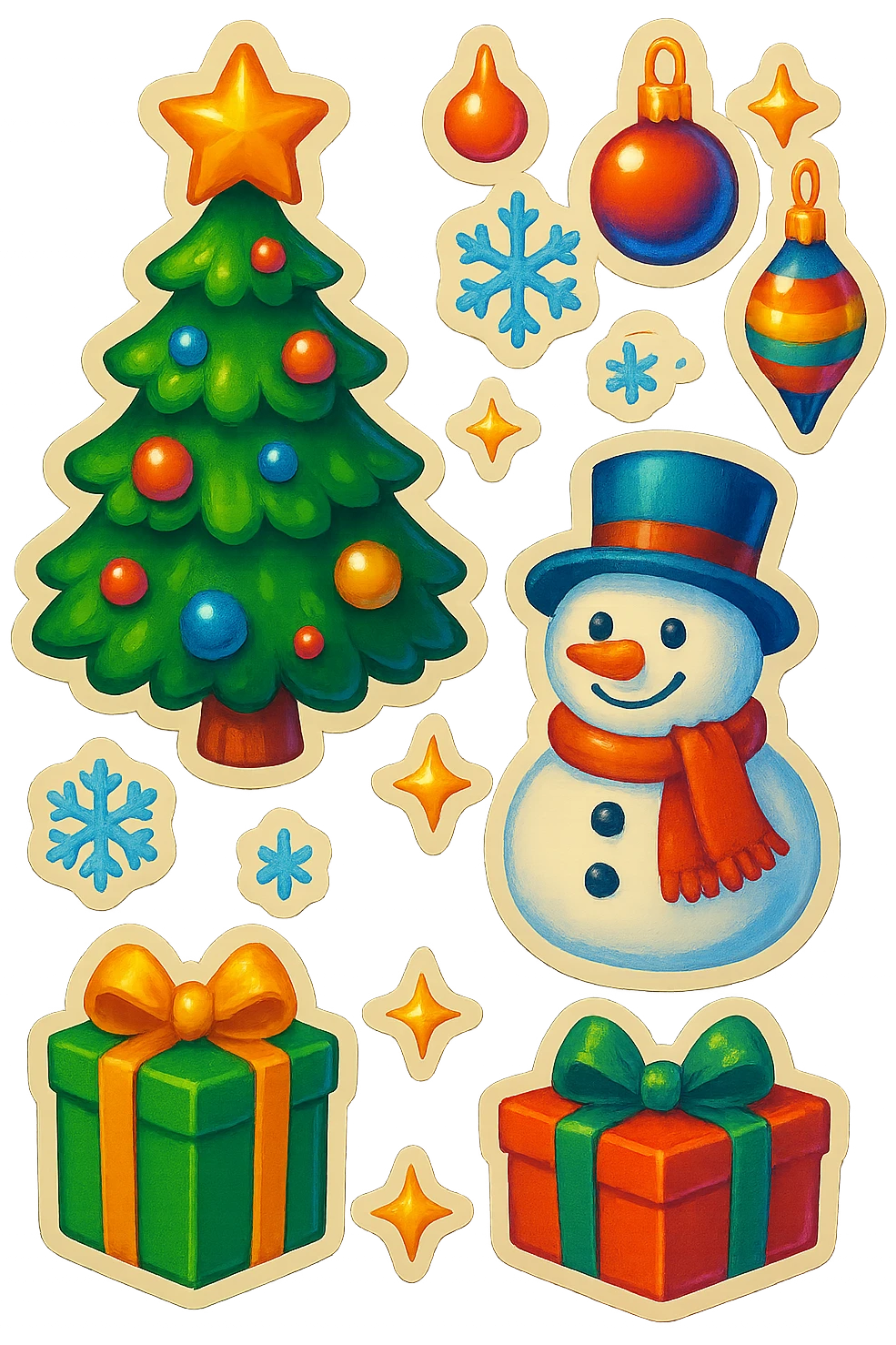 christmas tree, decorations, gifts, snowman, christmas atmosphere emoji set emoji
