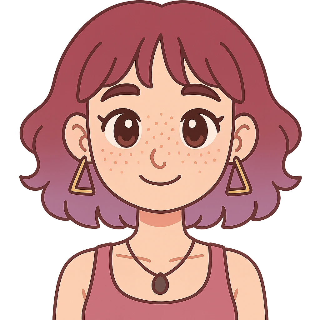 white woman with freckles on nose and cheeks, teardrop nose piercing, wavy wine hair with purple touch to shoulders, ear-length bangs, middle part hair, triangular hoop earrings, black stone necklace, tank top, thick eyebrows, large brown eyes, anime style, sensual touch emoji
