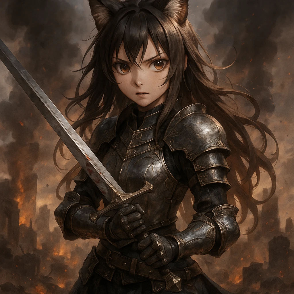 realistic anime catgirl as a warrior, armor, sword, dramatic battlefield background emoji