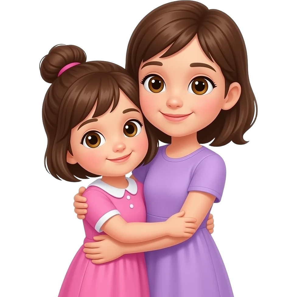 Niña de 1 año y 8 meses, de cuerpo completo, ojos cafés claros con cabello castaño, vestido rosa con blanco y cabello corto recogido en un chongo. Otra niña de 5 años con vestido lila, cabello castaño y ojos café claro, de cuerpo completo, ambas abrazadas. emoji