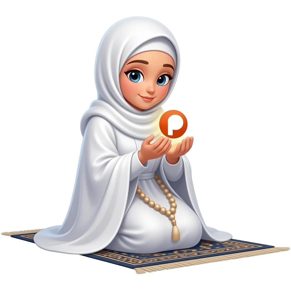 An ethereal Muslim woman, prayed position, hopeful eyes, wearing a soft white satin hijab, prayer rug and tasbih, gently cupping a luminous Patreon icon (the round 'P' icon) made of liquid light. Text bubble from mind: 'WHAT DO THEY GET IN?'. Isolated on white, magical stardust, 3D icon style emoji