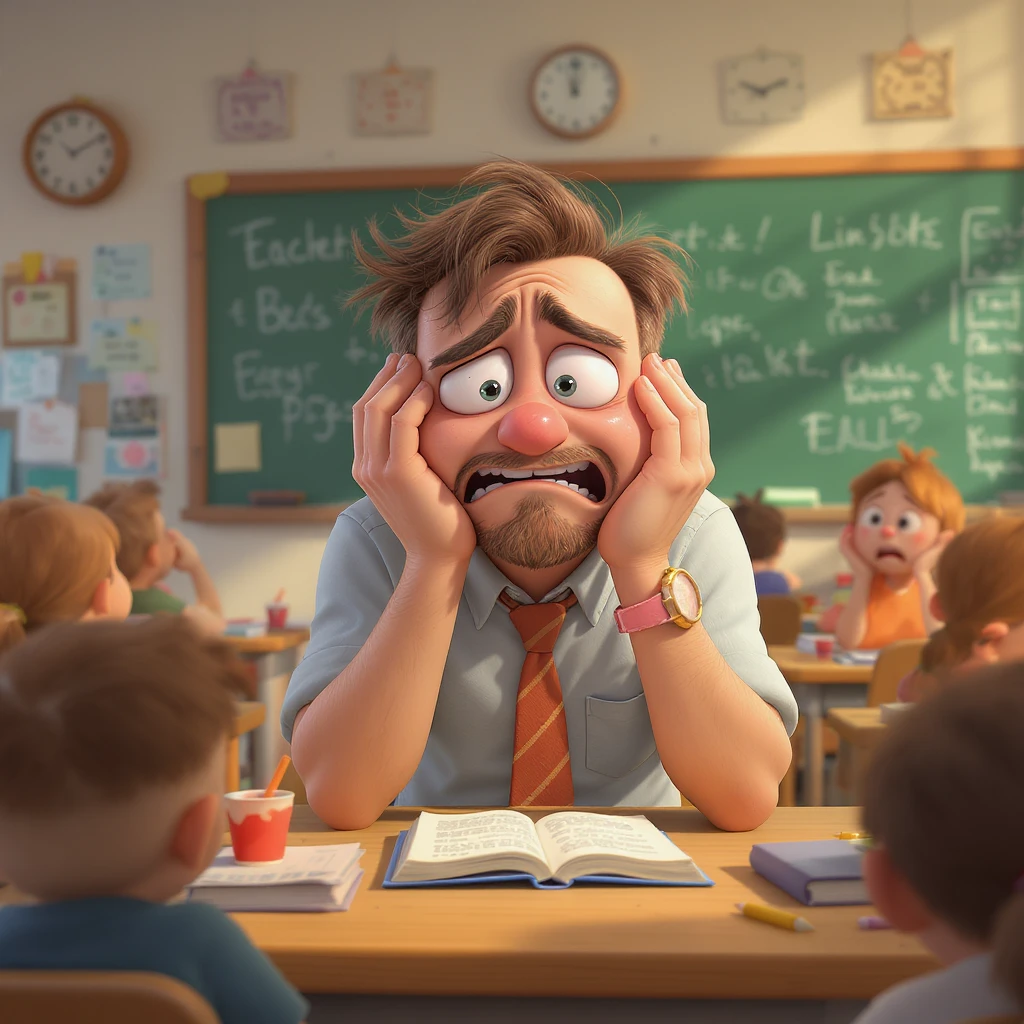 digital 2d cartoon art of a exhausted teacher in a bustling classroom emoji