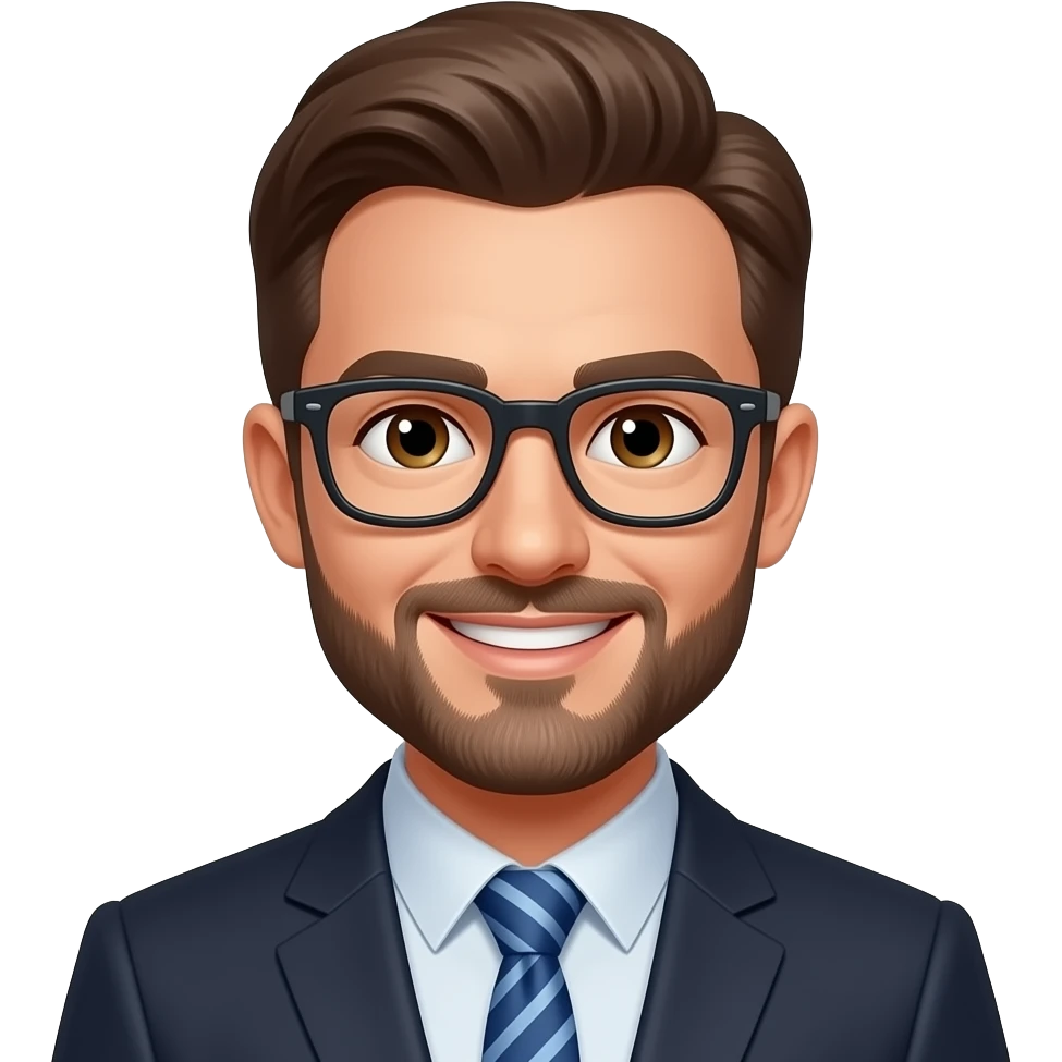white man with short brown hair. brown eyes. beard. glasses. smiling. wearing a suit. emoji