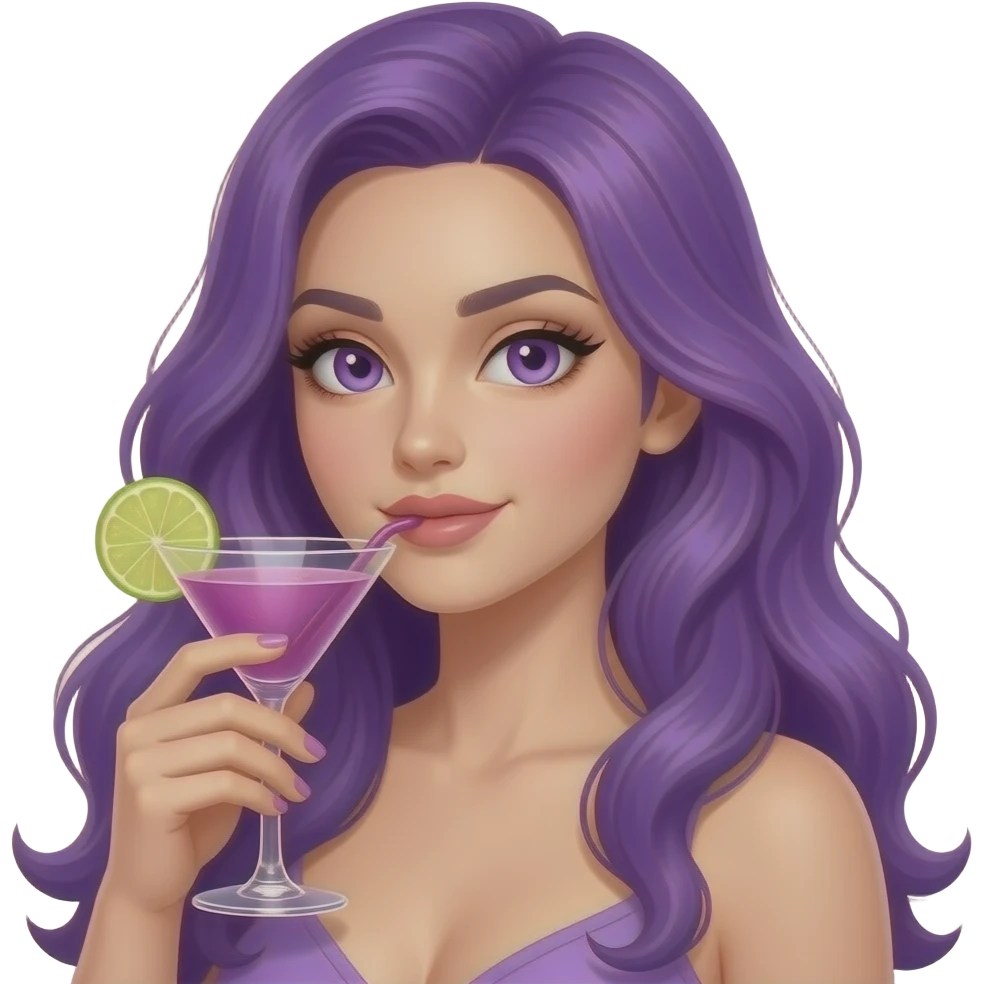 sexy girl with long purple hair and purple eyes is drinking a cocktail emoji