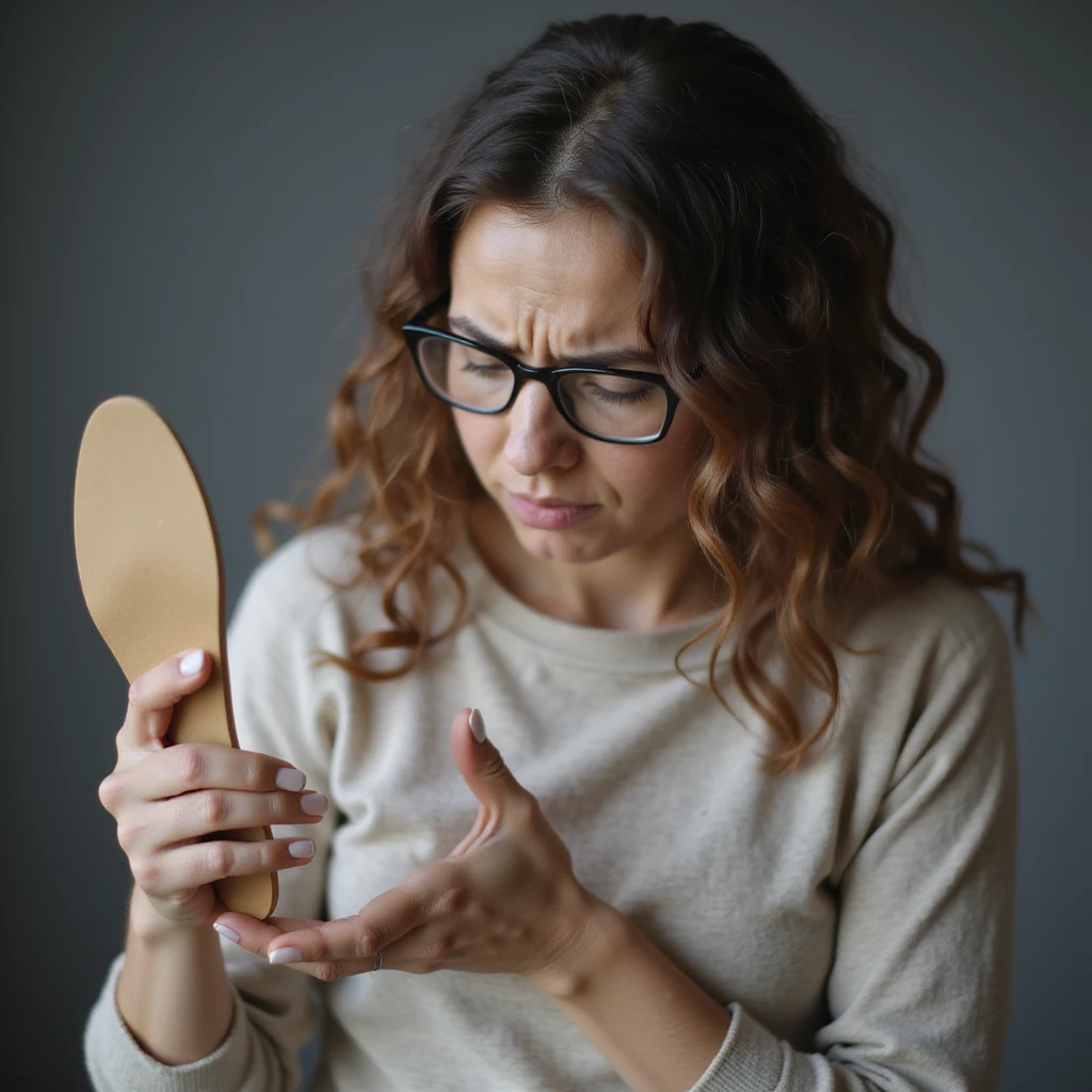 woman showing orthopedic insole in hand, expression of frustration or pain, realistic style, light background emoji