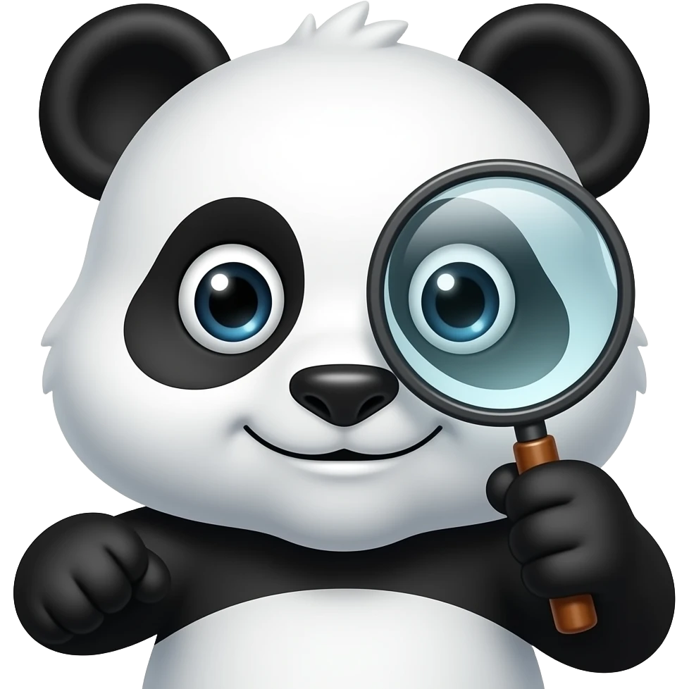 머리만 있는 판다가 웃는 얼굴로 진지하게 돋보기를 들고 분석하는 표정이면 좋겠어 emoji