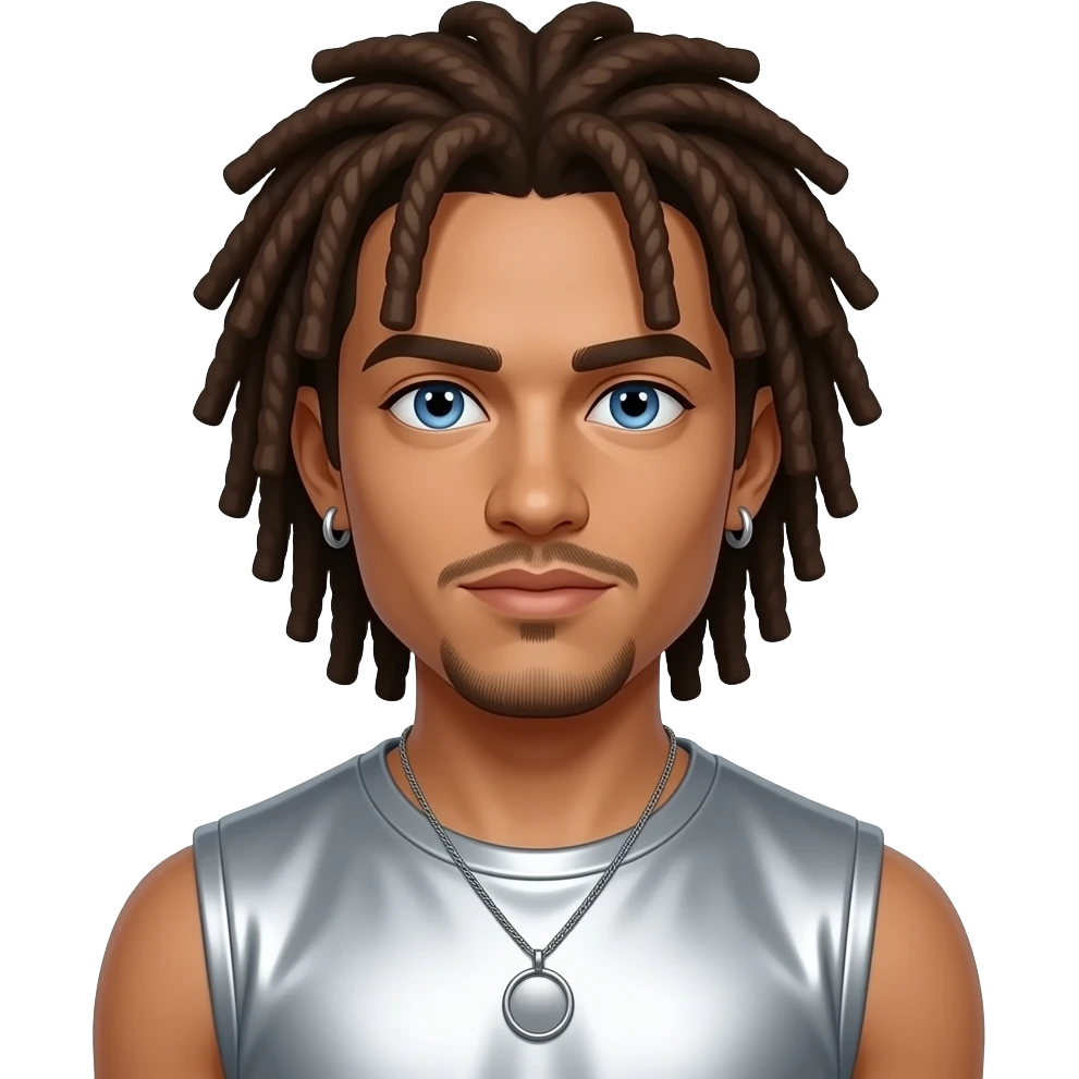 Jacob Underwood from O-Town with blue eyes, brown 2000s dreads, silver metallic sleeveless shirt, necklace and earrings emoji