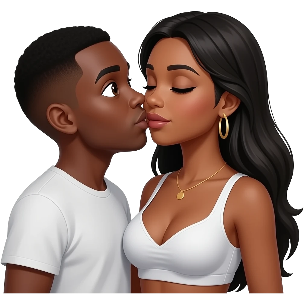 Black man short hair big eyes french kissing brown Columbian woman long black hair large breast emoji