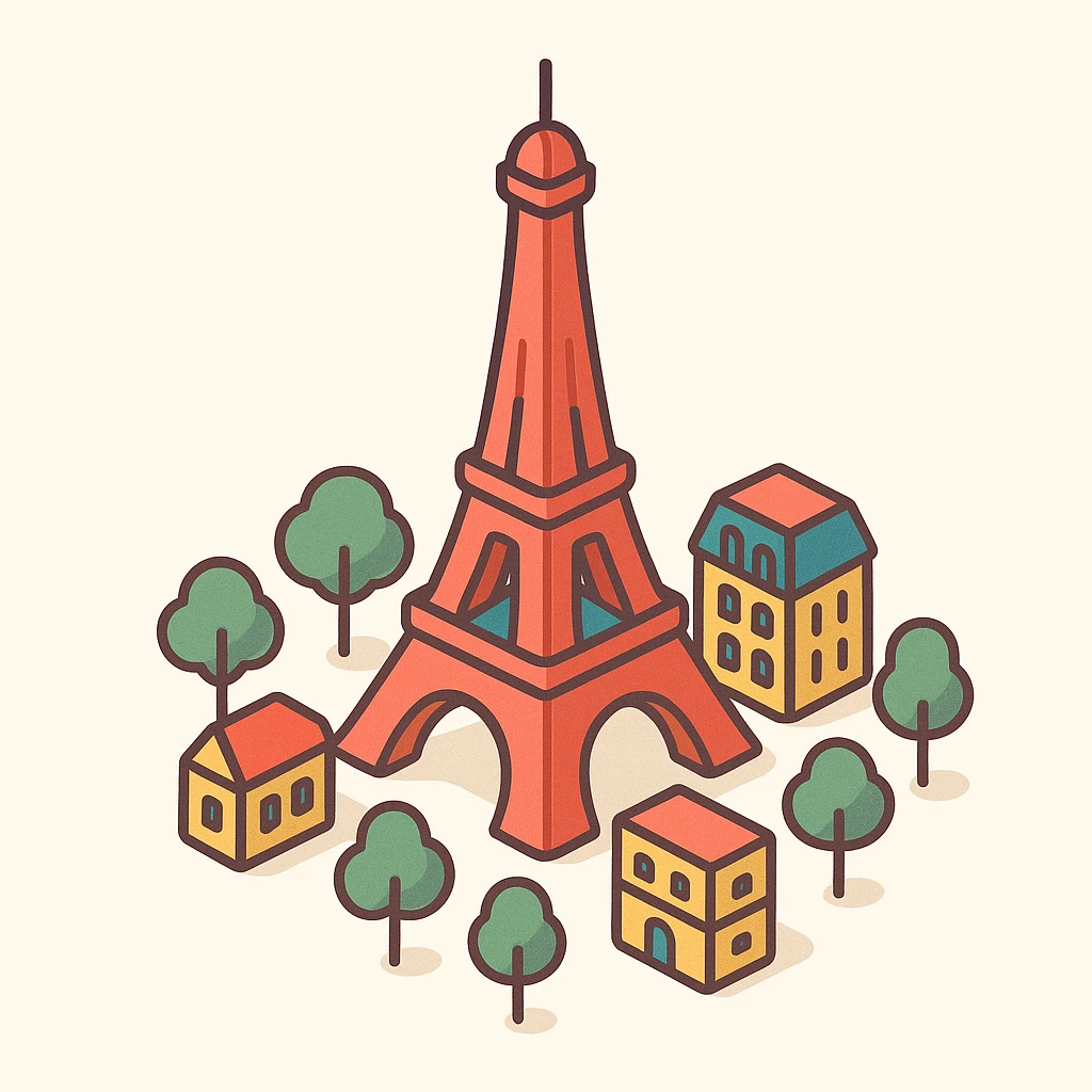 Isometric illustration of Paris, featuring the photorealistic Eiffel Tower surrounded by small Parisian buildings and trees, highly detailed in semi-realistic style emoji
