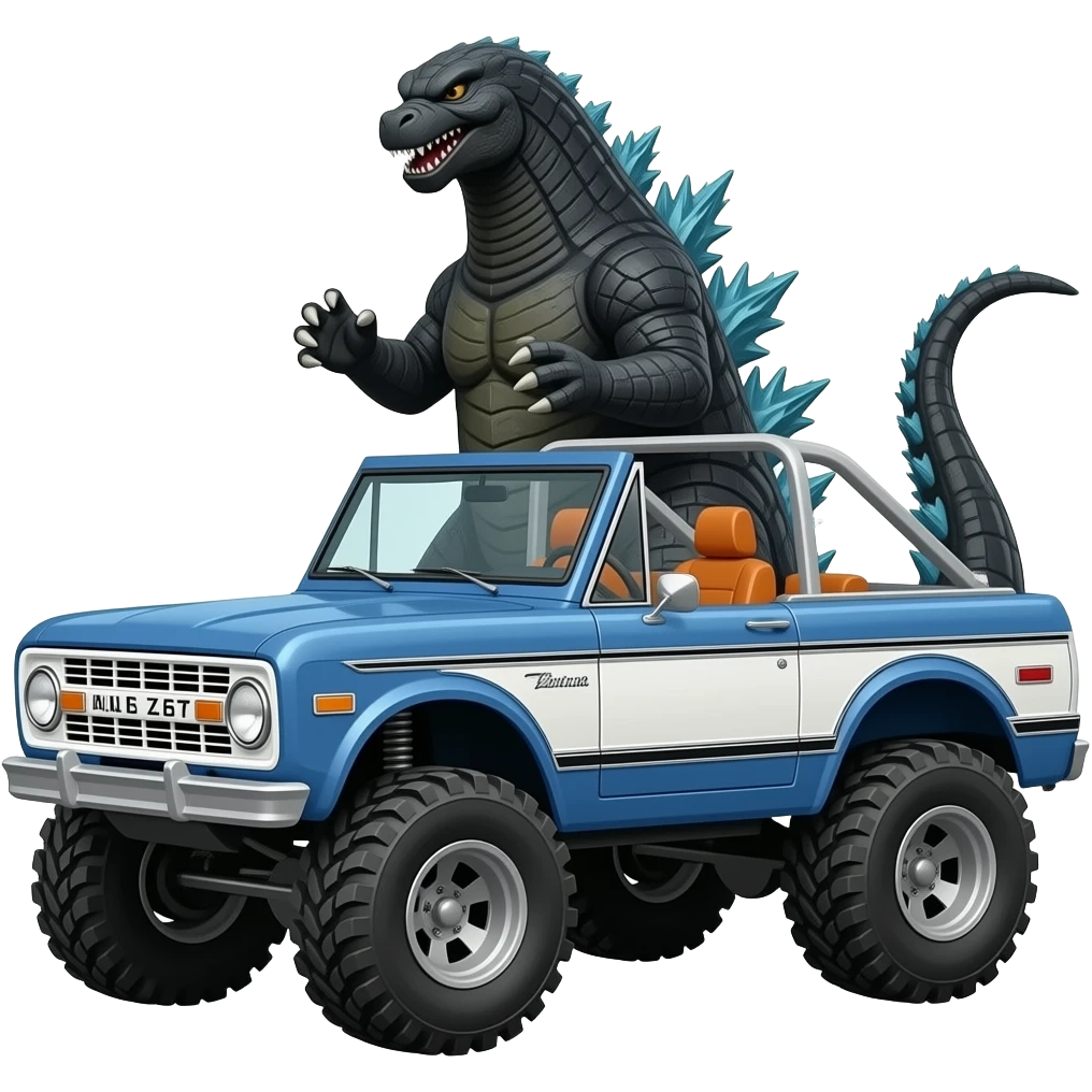 Godzilla behind 1967 ford bronco with two tone paint: blue on hood, blue with white stripe on sides, and orange interior. Convertible with no top but with full roll cage. Exaggerated lift and oversized 4x4 tires. emoji
