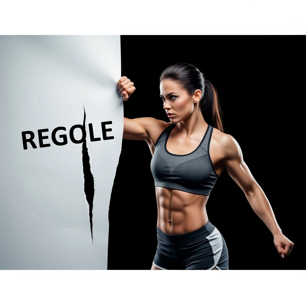 DONNA FITNESS CHE STRAPPA UN FOGLIO CON LA SCRITTA "REGOLE", IPERREALISTICA 4K, SENZA SFONDO emoji