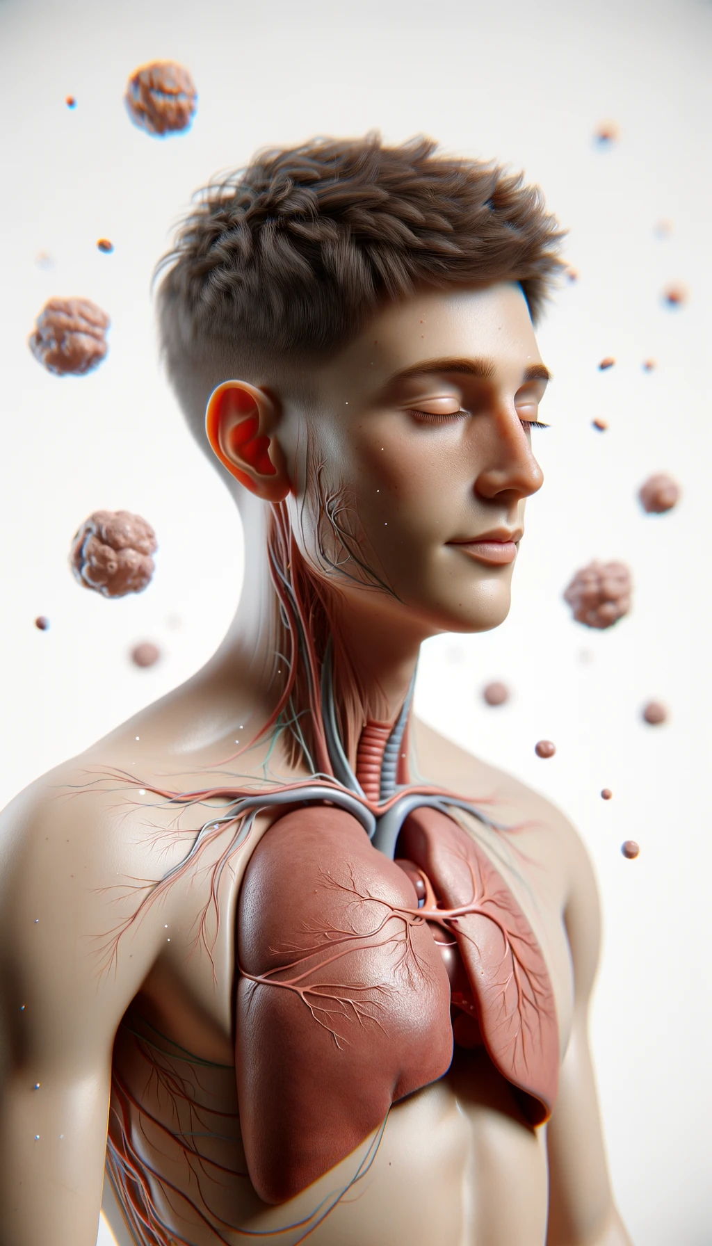 corpo umano anatomico con capelli corti e gli occhi chiusi, intorno a lui fluttuano cellule, fegato in evidenza, ha l'espressione rilassata, visto dal fianco iperrealistica 4k, isolato su sfondo bianco emoji