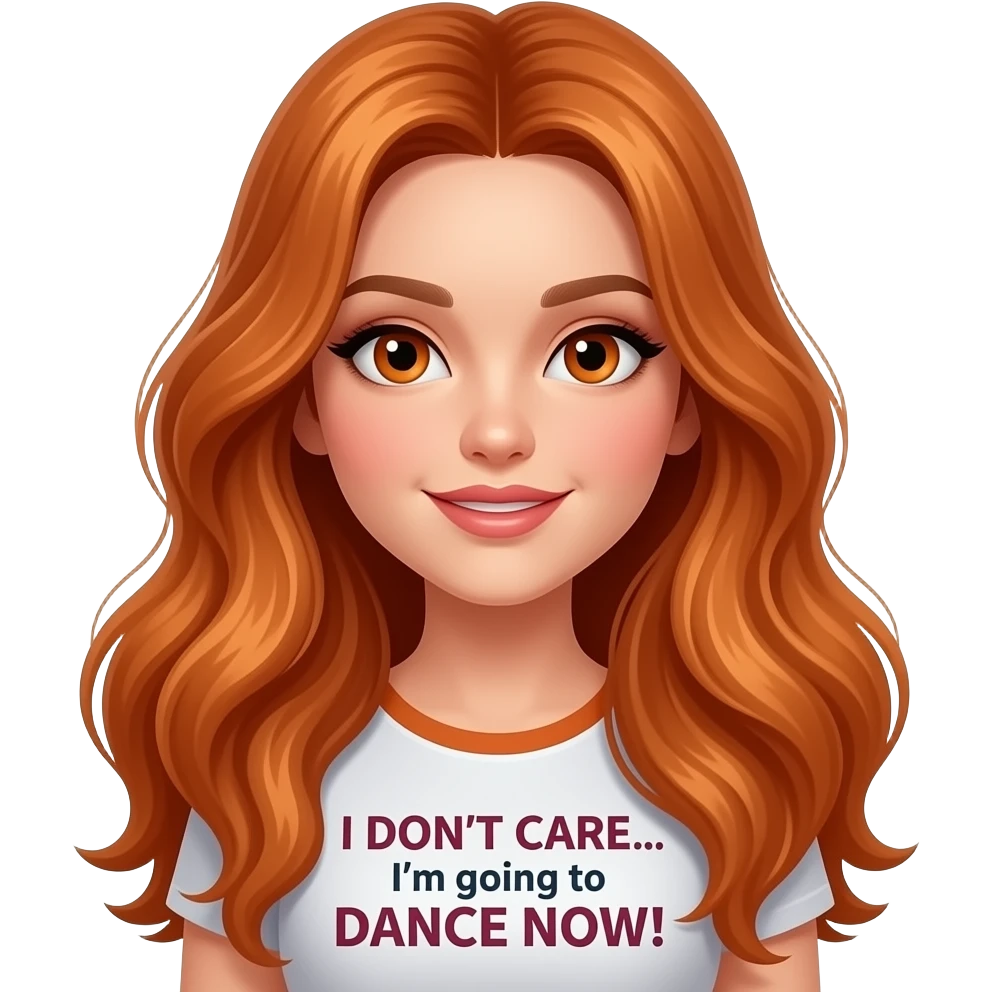 sexy girl with overlong ginger hair and ginger eyes a top with I DON'T CARE... I'm going to DANCE NOW! written on it emoji