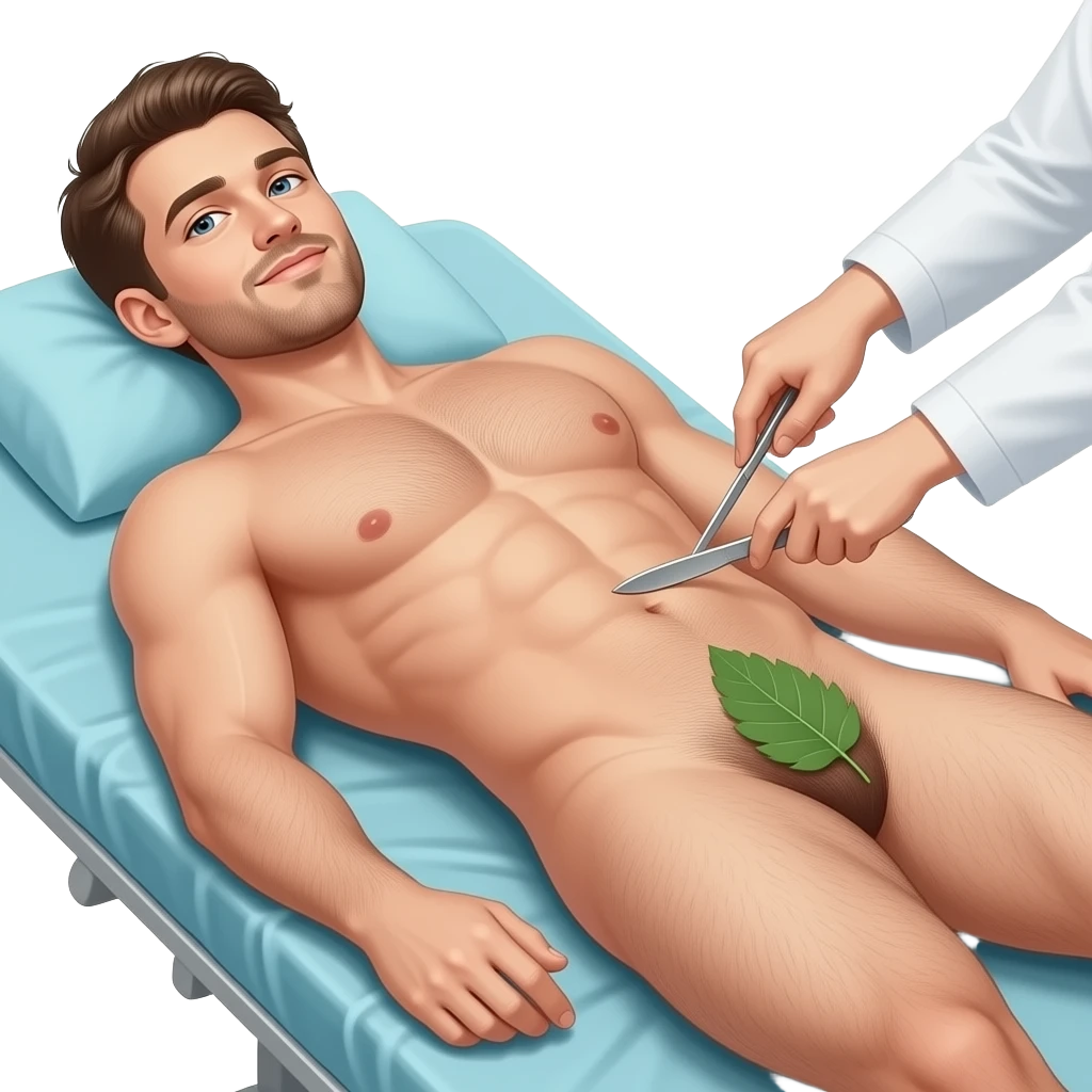 A guy about 23 years old, handsome, full-length, completely naked, has six-pack abs, his genitals are covered by a leaf , He has natural body hair on his arms, legs, and a faint line of hair below his navel. He lies in operating table . The surgeon uses a scalpel to make a cut in guy stomach. emoji