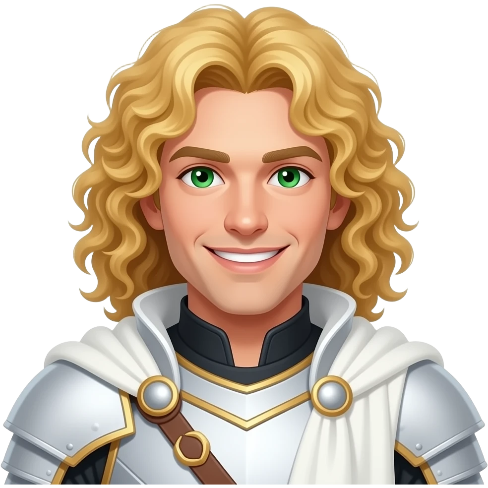 A white man with very long curly, bright golden hair put in a middle part. He is wearing white armour with a white cape. He is clean shaven and has a smile that cuts like a knife. He also has emerald green eyes. He has a sharp jawline. He is in his early thirites. emoji