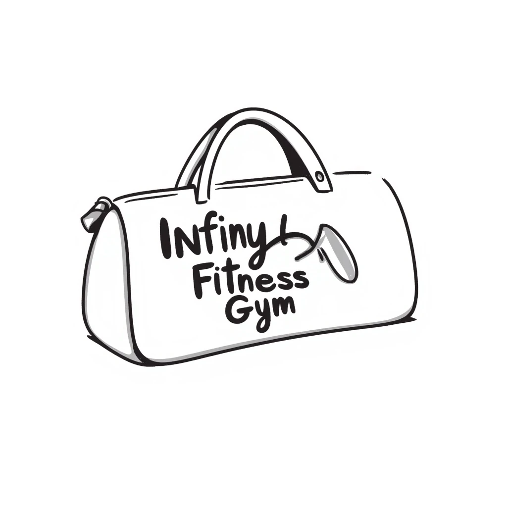 hand-drawn doodle of a gym bag with 'Infinity Fitness Gym' written on it, sketchy black lines, no fill emoji