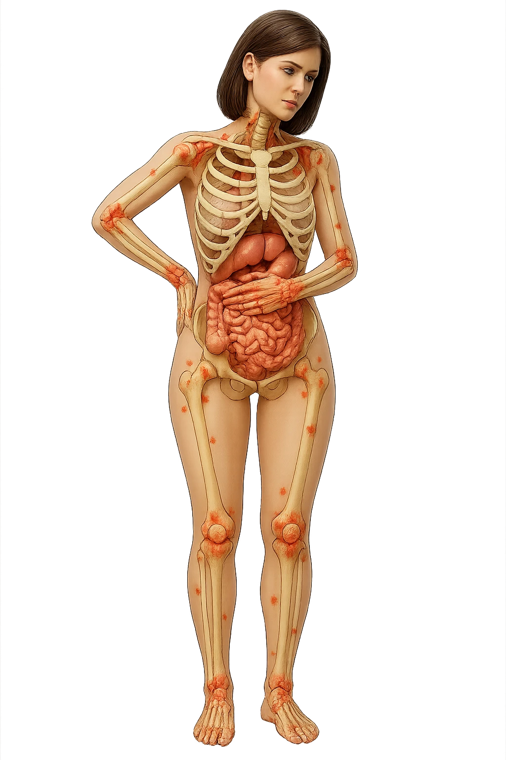 donna realistica a figura intera con red spot sparsi alle ossa, ossa del corpo visibili sul corpo, non sul volto iperrealistico 4k emoji