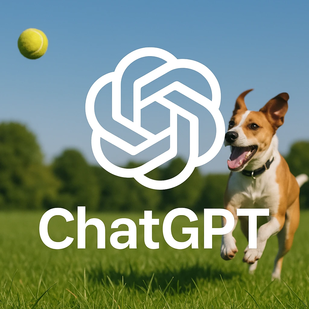 chat gpt image logo on the background of a dog chasing ball emoji