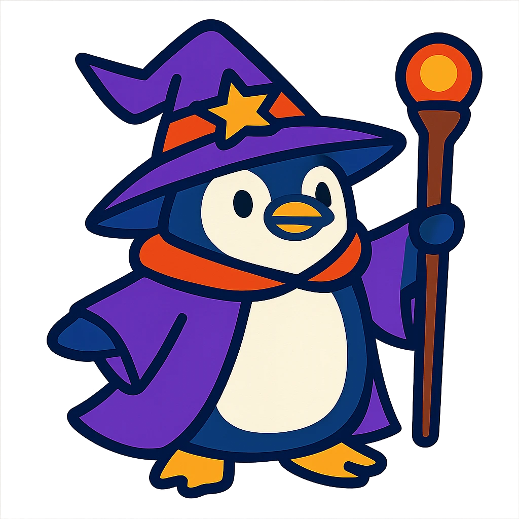 A penguin wizard, vibrant cartoon style emoji