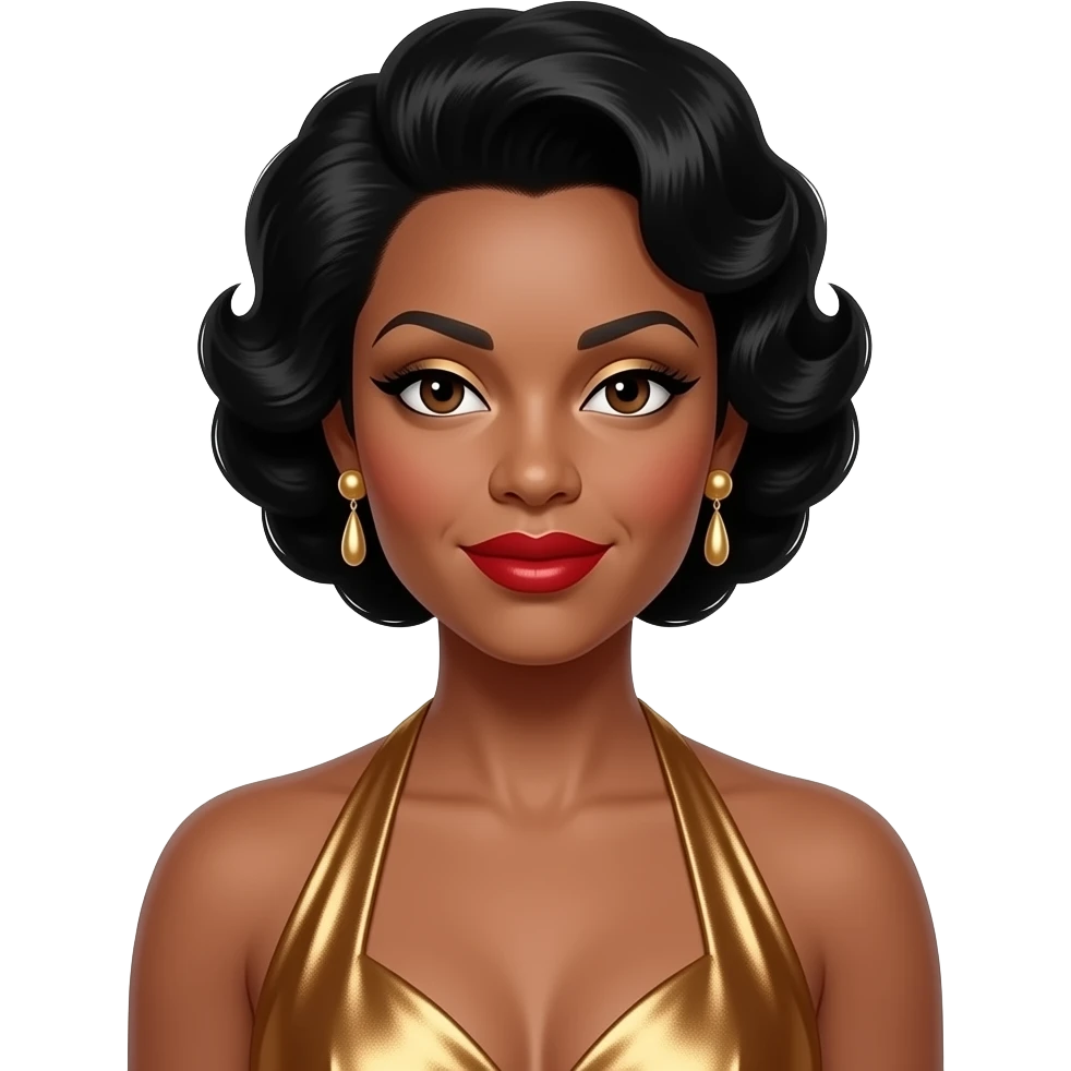Lena Horne with dark brown eyes, black 50s curls elegant updo hair, gold eyeshadow, red lipstick, bronze metallic halter dress, earrings emoji
