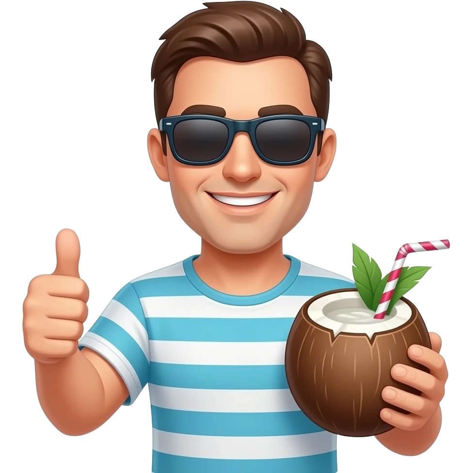 A man in beachwear and sunglasses, giving a thumbs-up, with his other hand drinks a cocktail from a coconut emoji
