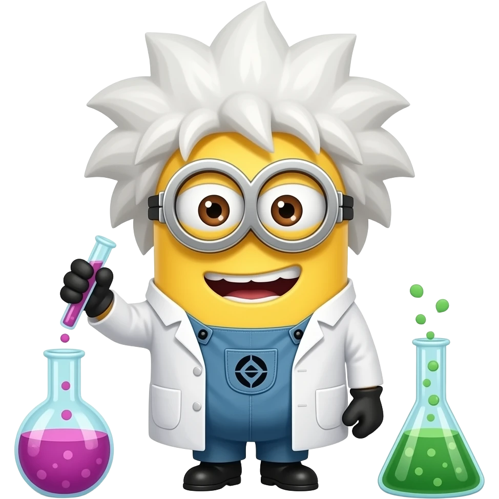crazy minion in lab coat with wild white hair mixing potions emoji