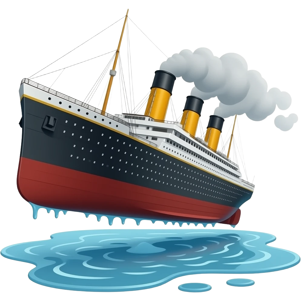 The ghost ship Titanic flies above a shallow puddle of water - horizontally emoji