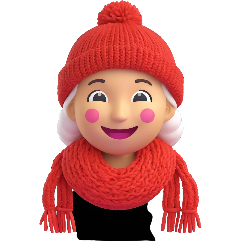 3D smiley emoji, round shape, grandmother wearing a knitted purple hat with yarn, smiling face emoji