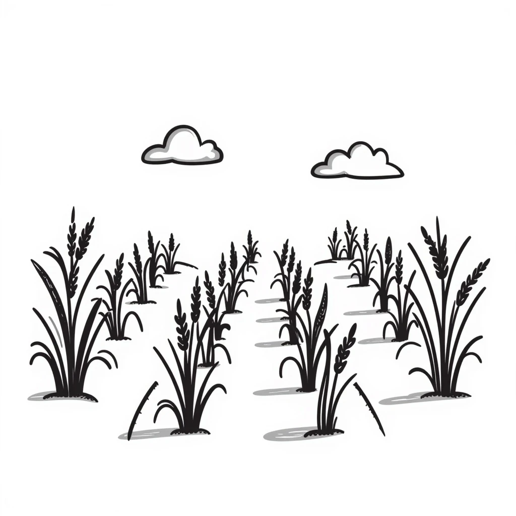hand-drawn rice plants in a field, traditional look emoji