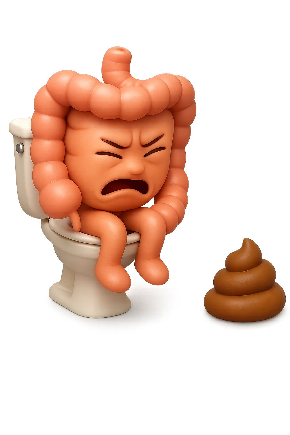 EMOJI STILE IPHONE 3D DI UN INTESTINO CHE sta seduto sul wc e davanti ha una montagnetta di feci a palline stile emoji iphone, fallo senza naso e FAGLI UN ESPRESSIONE di dolore mentre si sforza E FALLO MOLTO REALISTICO IN 3D emoji