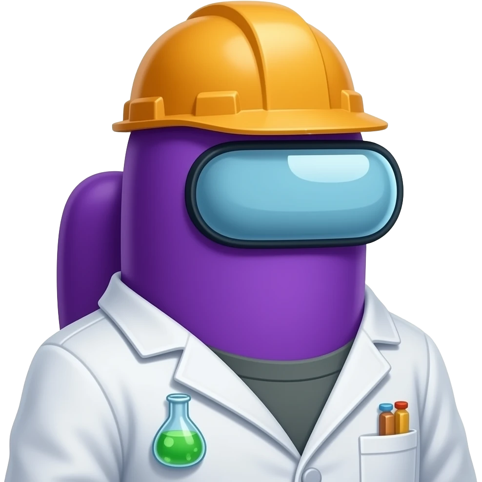 A purple among us character wearing the "scientific theory" lab coat and the "safety second" head accessory an for the visor it's the "end of broadcast" visor emoji
