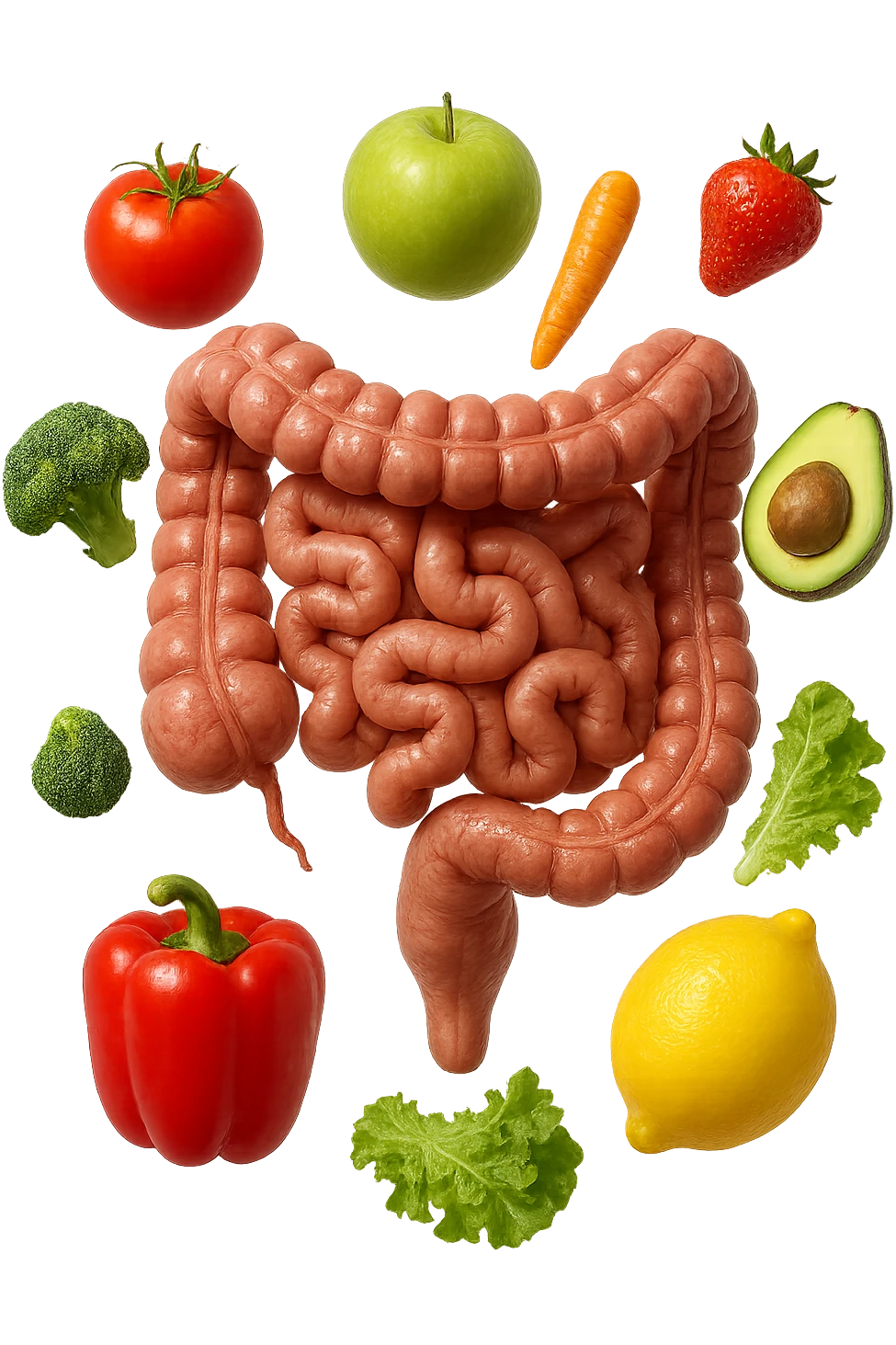 frutta e verdura fluttua intorno ad un intestino umano anatomico realistico, iperrealistico 4k emoji