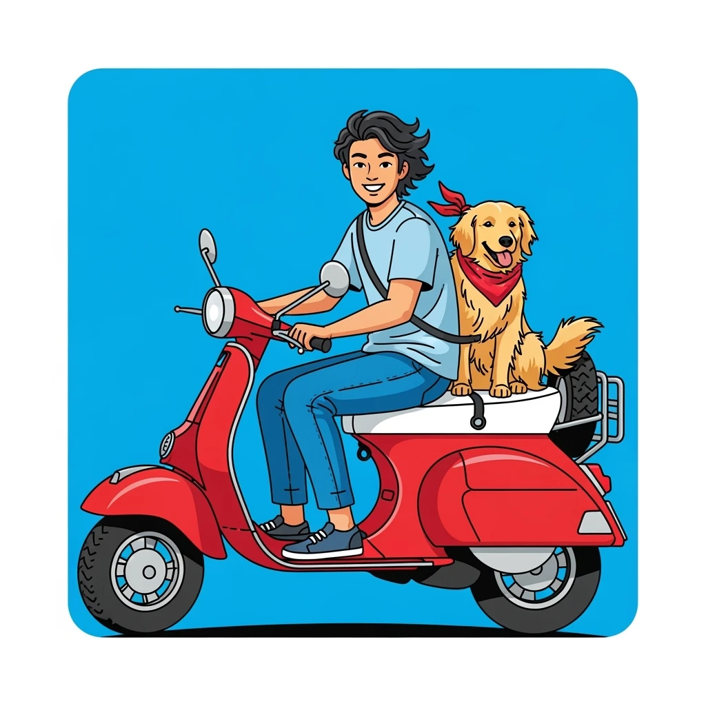 vector art of a man and his pet dog riding a vespa, for website design emoji