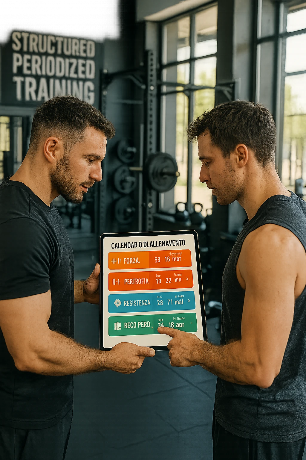 realistic cinematic photo a personal trainer and a client stand in a modern gym, reviewing a large, color-coded training calendar or chart on a tablet. The calendar shows different phases (Forza, Ipertrofia, Resistenza, Recupero) with icons and dates. Around them, gym equipment and motivational posters reinforce the idea of structured, periodized training. in italiano emoji