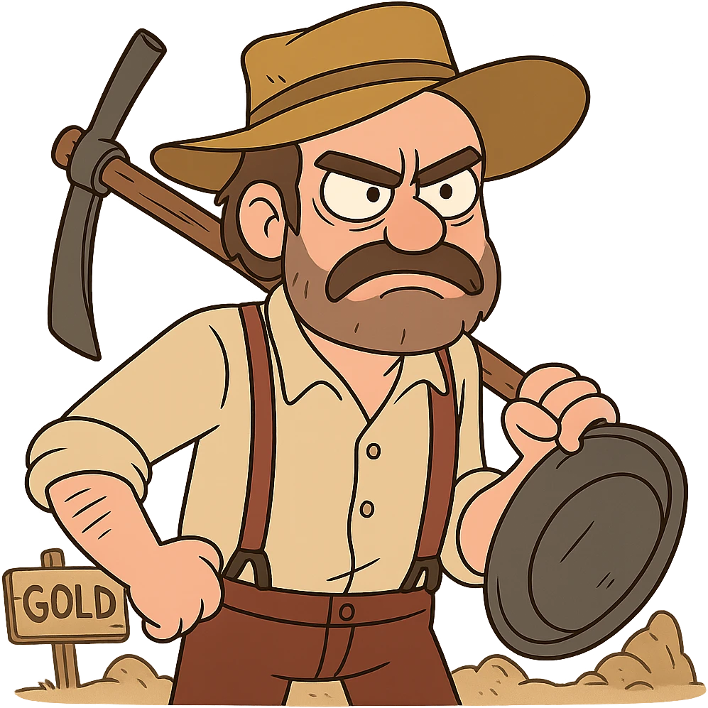 annoyed face in flat toon style, gold rush context, subtle period details emoji