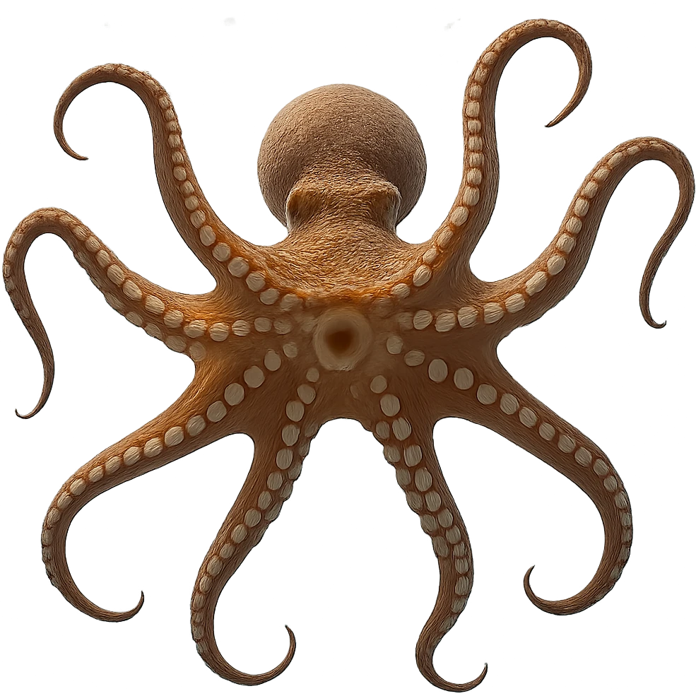 realistic octopus floating in water, viewed from underneath, arms spread out in every direction, mouth and underside visible, head facing away from viewer, no style, no background emoji