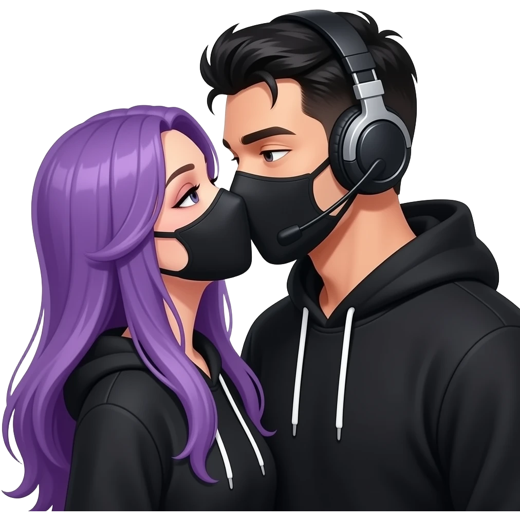 sexy girl with long purple hair and purple wearing in a black hoodie with a black mask is get kissed from an blackhaired attractive man in a black hoodie with a black mask and a headset emoji