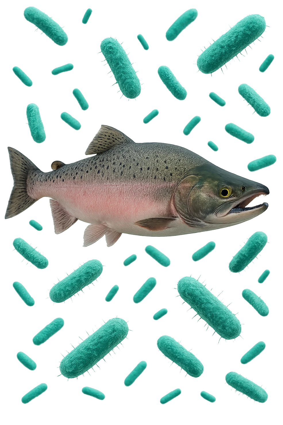 batteri intestinali rosa salmone e turchesi fluttuano in aria, iperrealistici 4k emoji