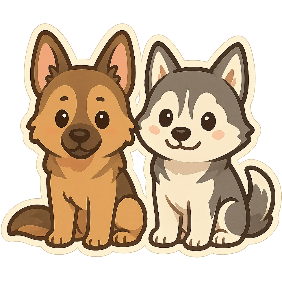 chibi sticker of two dogs, one German Shepherd and one Husky, sitting together, inspired by the reference photo emoji