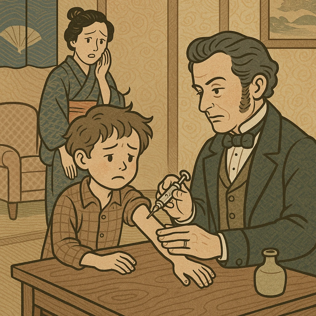 A Victorian doctor giving a young poor boy a vaccination with the boy's mother in the background looking worried in their living room emoji
