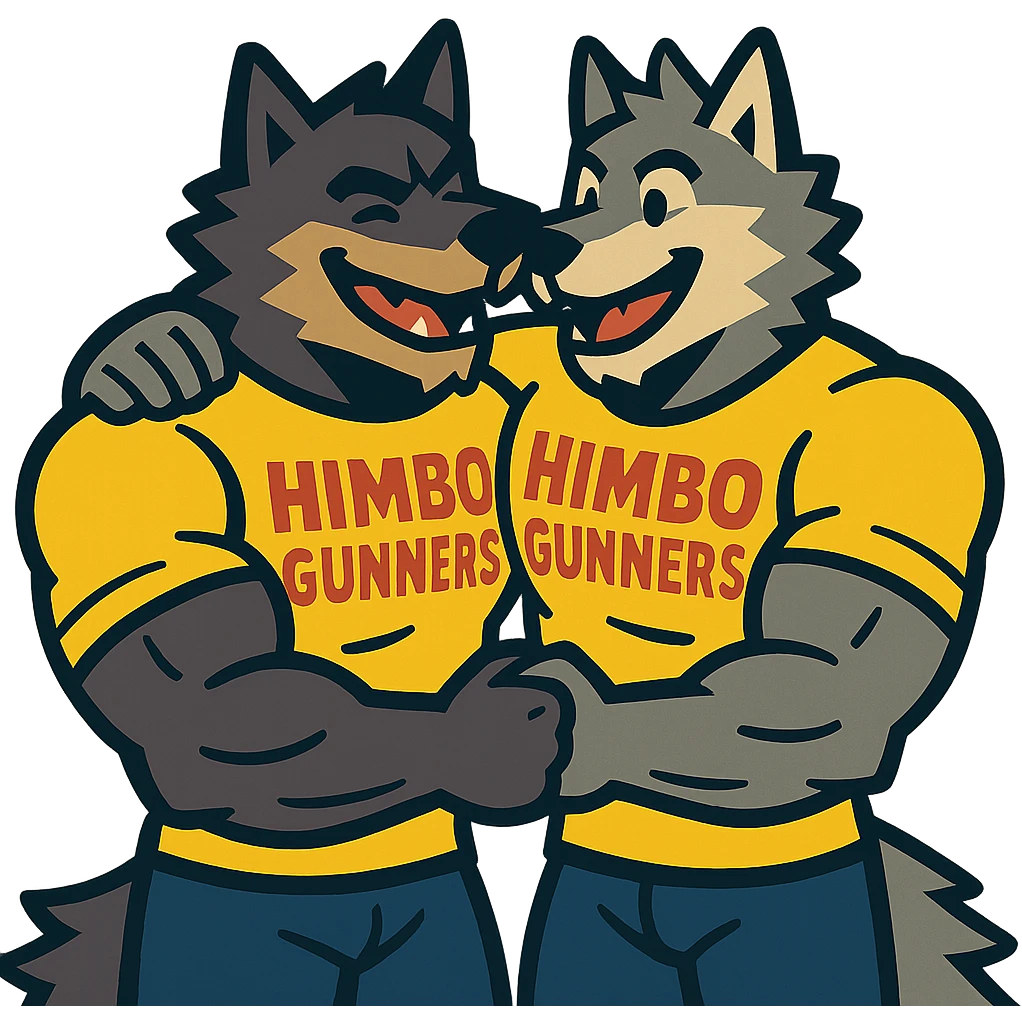 two extremely muscular wolf furries wearing t-shirts that say 'Himbo gunners', hugging each other, friendly and joyful expressions emoji