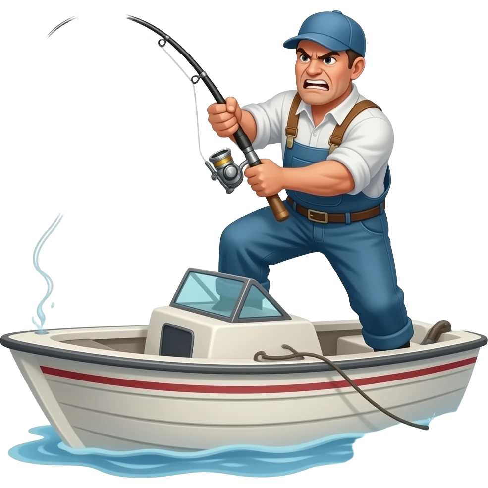 a guy slamming his fishing rod off the boat and hes angry ,hes in a boat emoji