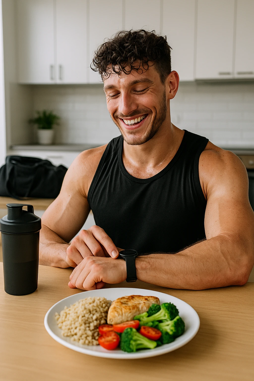 a fit man in his 30s, still in gym clothes and slightly sweaty, sits at a kitchen table right after a workout. In front of him is a balanced meal with a generous portion of rice, pasta, or potatoes, along with lean protein and vegetables. He checks his watch or a fitness app, smiling with satisfaction as he times his post-workout meal. The background is a bright, modern kitchen, with a shaker bottle and gym bag visible. in italiano emoji