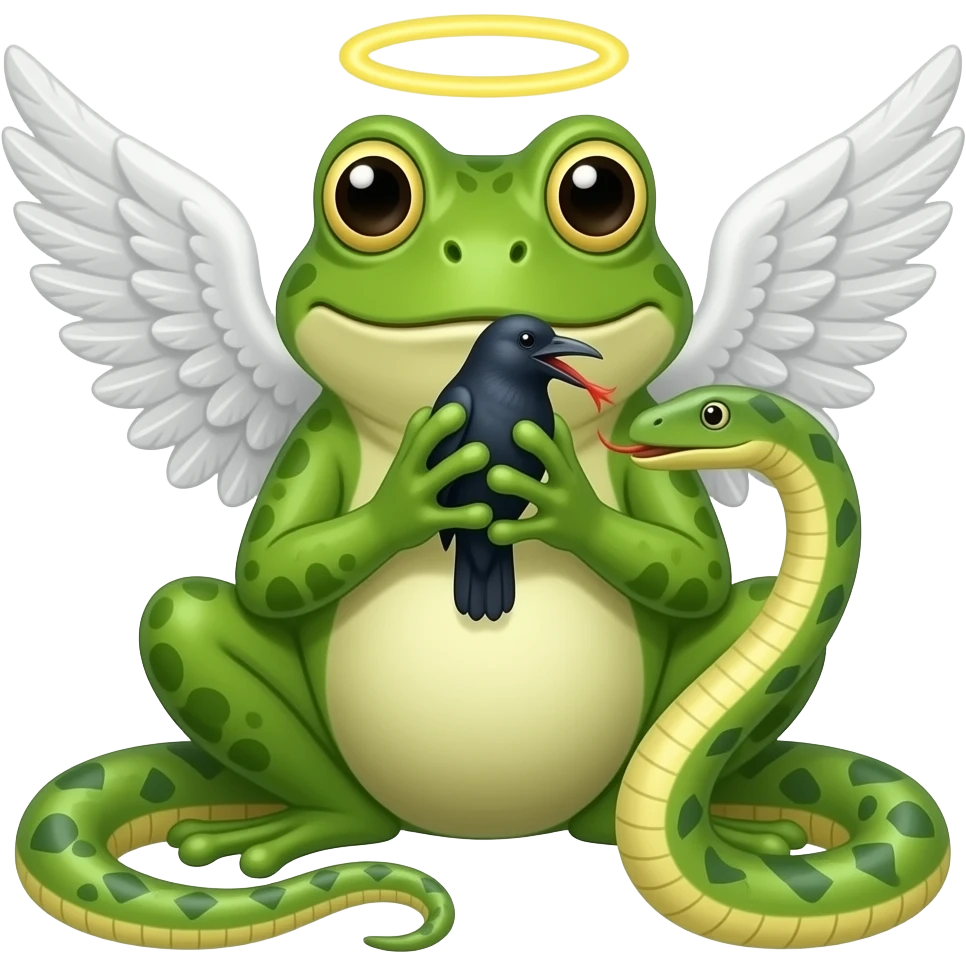 God frog with halo and angle wings eating a crow and a snake emoji