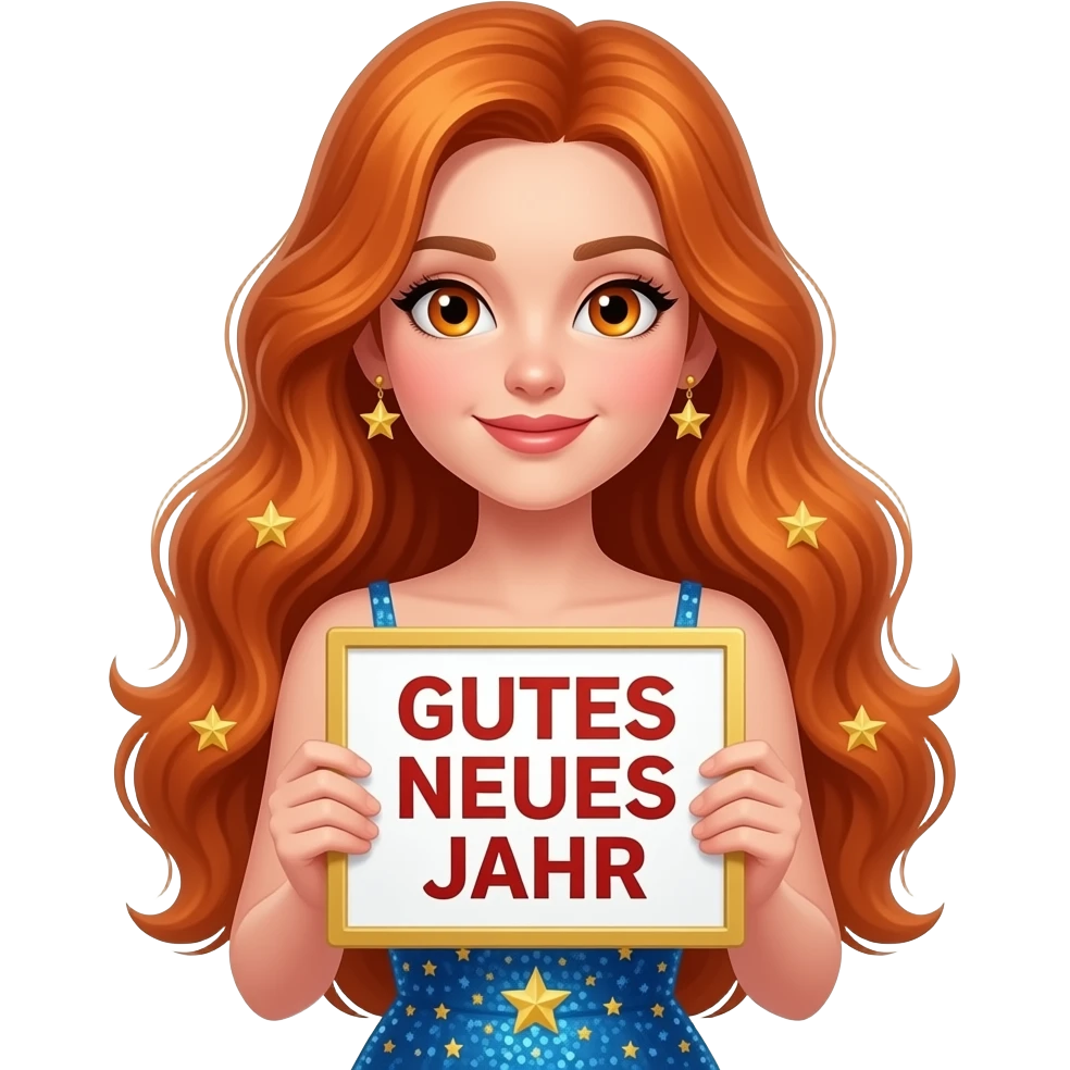 sexy girl with overlong ginger hair and ginger eyes wearing a new years eve dress holding a GUTES NEUES JAHR sign emoji