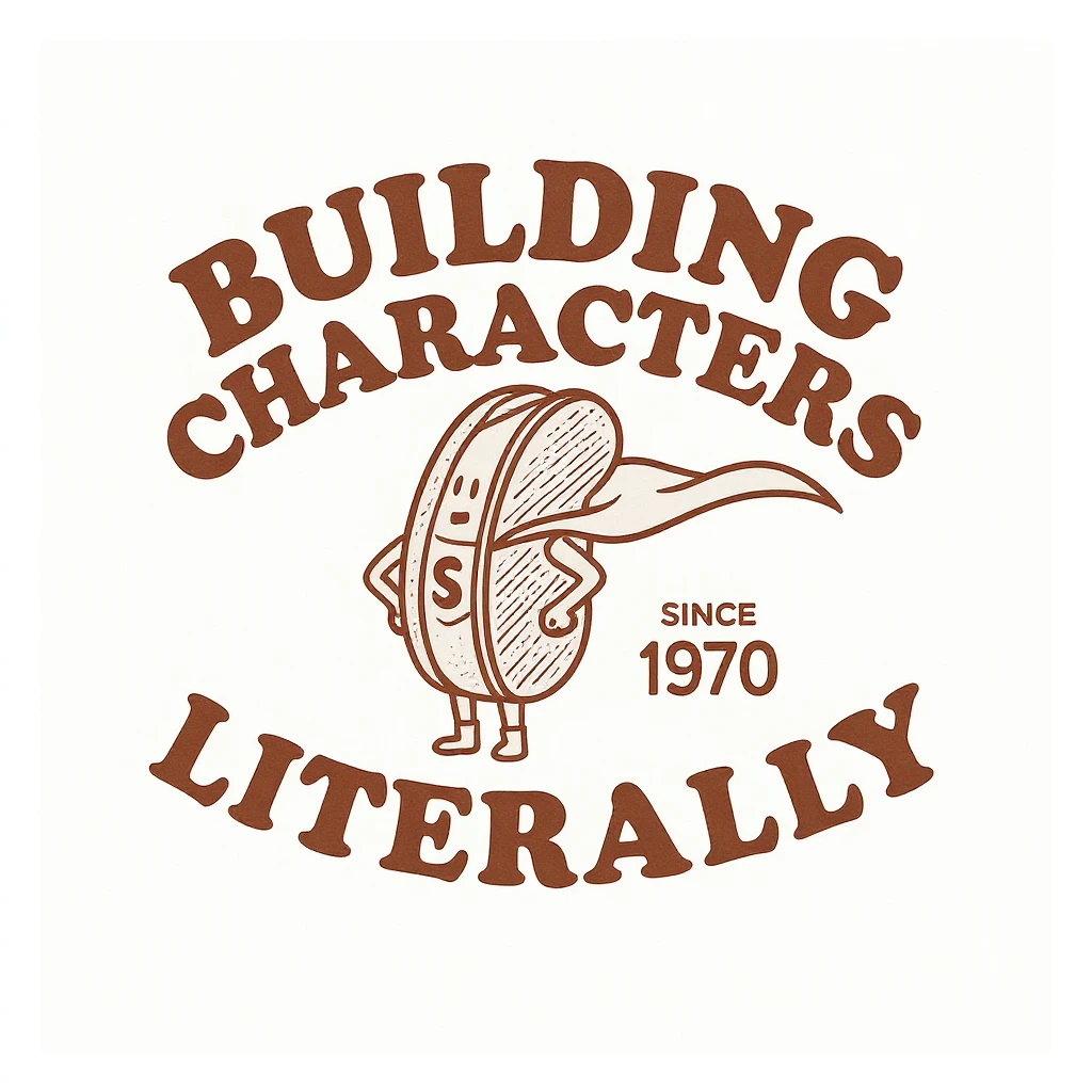 change the text here to be "building characters" on top "literally" on the bottom emoji