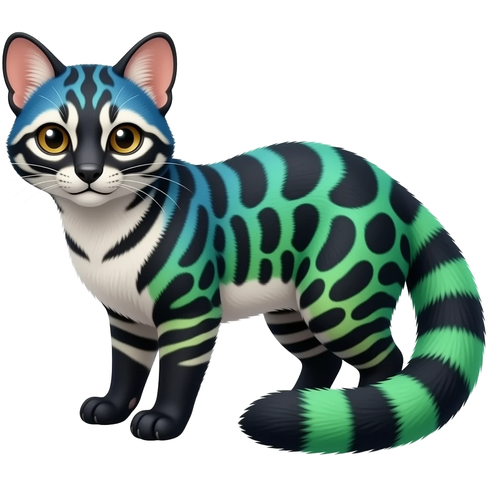 Colorful shiny realistic silky smooth glossy tropical thin exotic beautiful lanky gradient-colored cobalt-blue-obsidian-black-neon-green-gradients, with white underside, iridescent glorious fantasy-civet-genet-Cacomistle-oncilla-animal-hybrid with pattern markings (full body) emoji